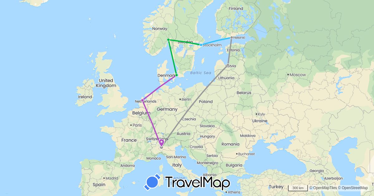 TravelMap itinerary: driving, bus, plane, train, boat in Denmark, Finland, Italy, Latvia, Netherlands, Norway, Sweden (Europe)